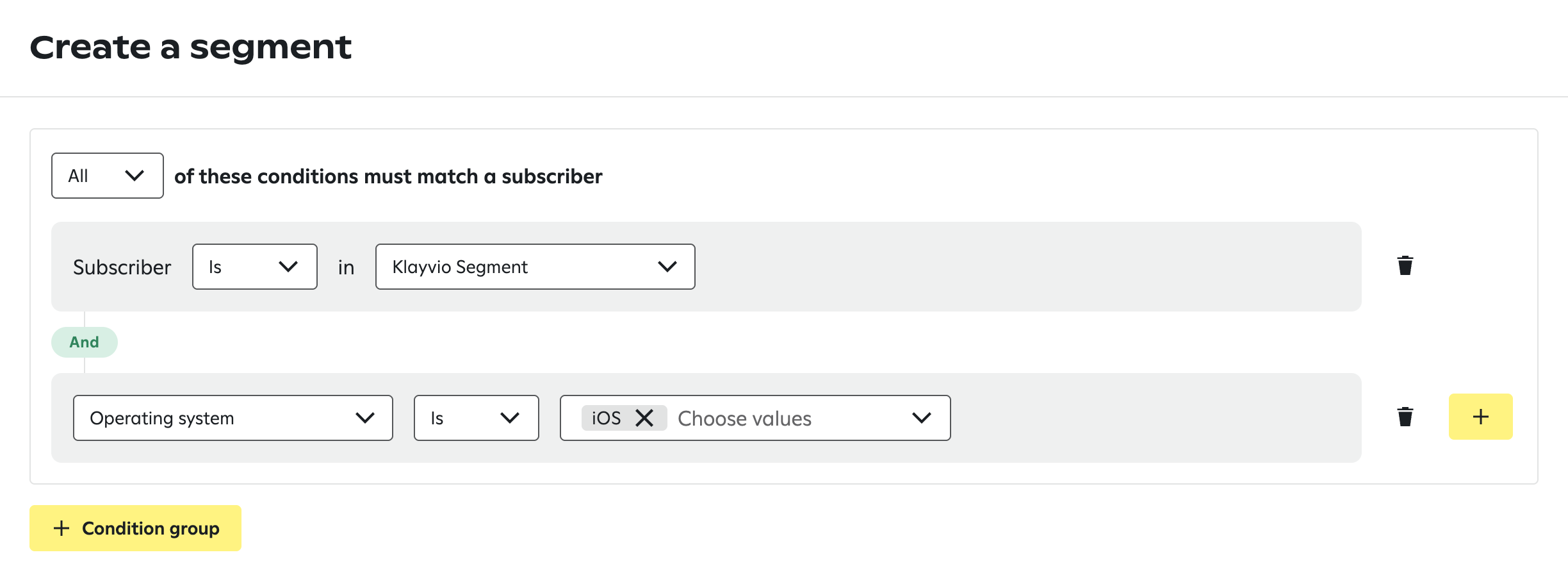 A dynamic segment in Attentive where all subscribers are in a Klaviyo segment and their operating system is iOS.