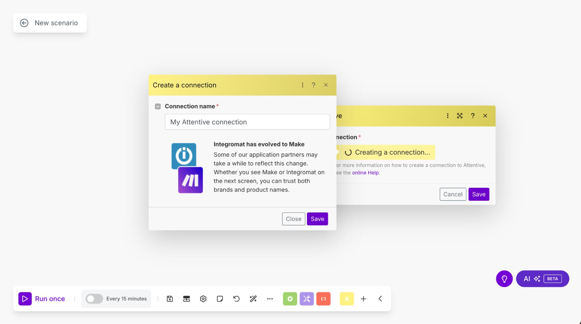 Make.com interface showing a 'Create a connection' dialog. The 'Connection name' field is pre-filled with 'My Attentive connection'. An informational box explains that Integromat has evolved to Make.