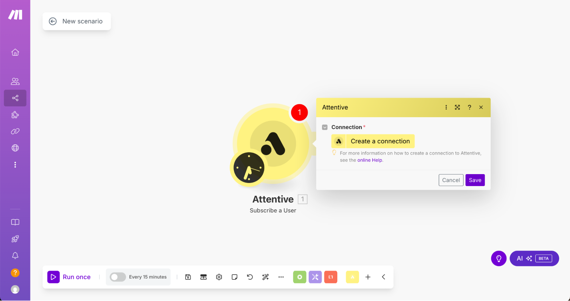 Make.com scenario editor with the Attentive 'Subscribe a User' module added. A dialog box titled 'Attentive' is open, prompting the user to 'Create a connection'.