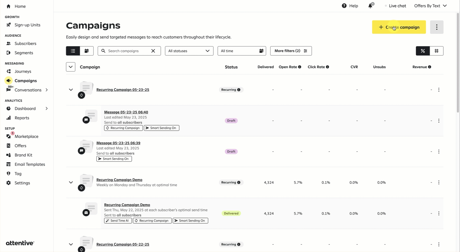 Walkthrough of setting up a recurring marketing campaign, detailing menu navigation, frequency configuration, start and end dates, and send time options.