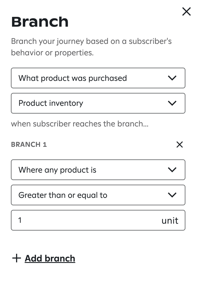 Branch configuration for an inventory threshold with multiple dynamic products. 'What product was purchased' is the trigger, 'Product inventory' is the property. Branch 1 condition is 'Where any product is' and inventory 'Greater than or equal to 1 unit'.
