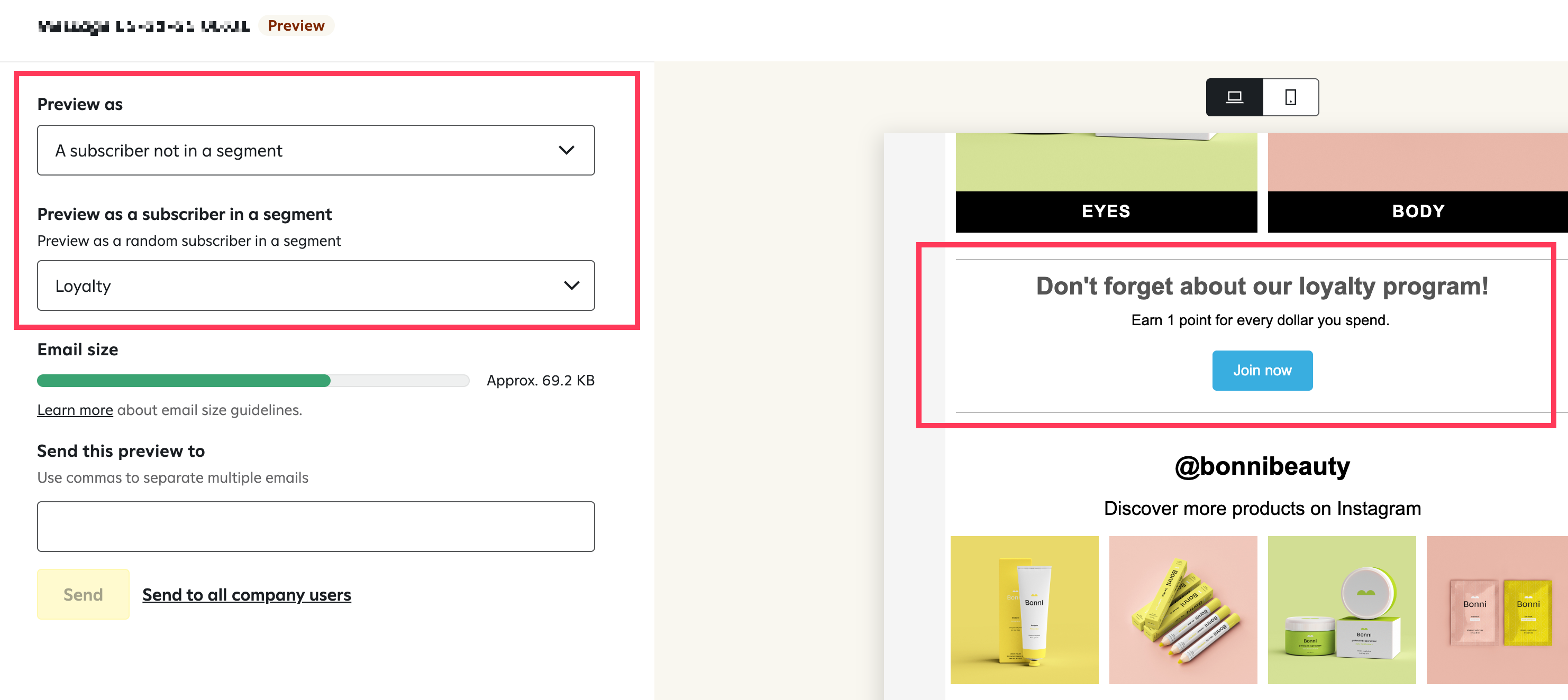 Email preview showing options to 'Preview as a subscriber not in a segment' (with 'Loyalty' segment selected), alongside the corresponding email preview displaying a loyalty program promotion.