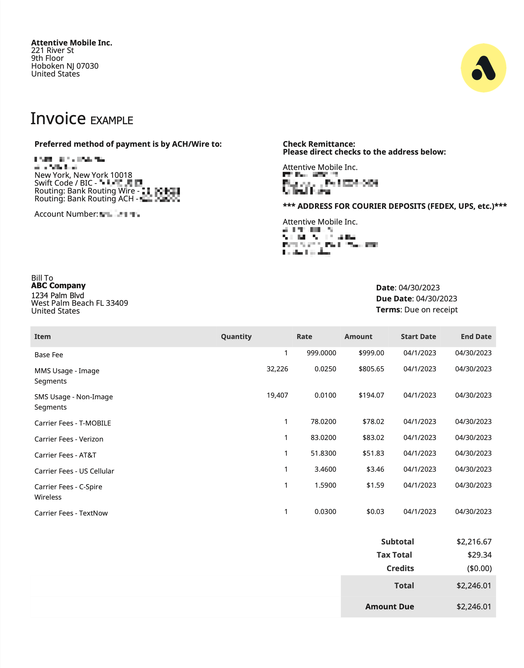 An example invoice from Attentive Mobile Inc. shows itemized charges for services, a subtotal, tax, and the total amount due.