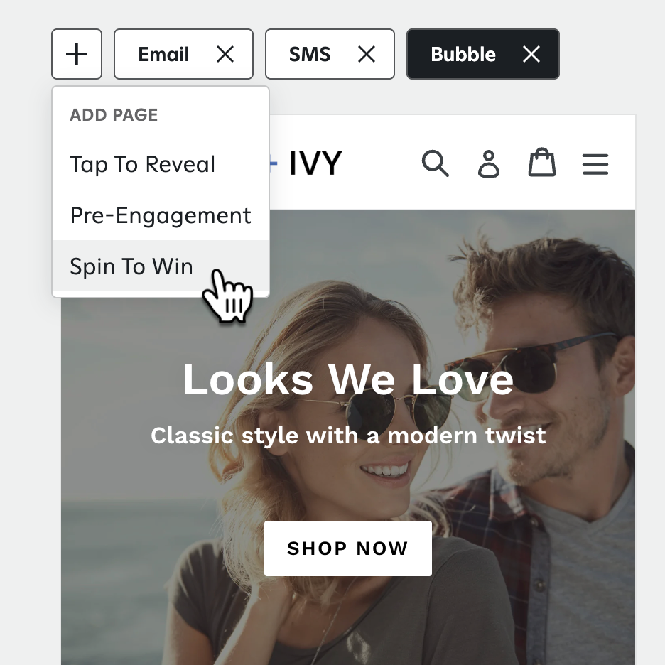 Sign-up unit builder showing the 'ADD PAGE' dropdown menu with options 'Tap To Reveal', 'Pre-Engagement', and 'Spin To Win', as a cursor hand points to select 'Spin To Win'.
