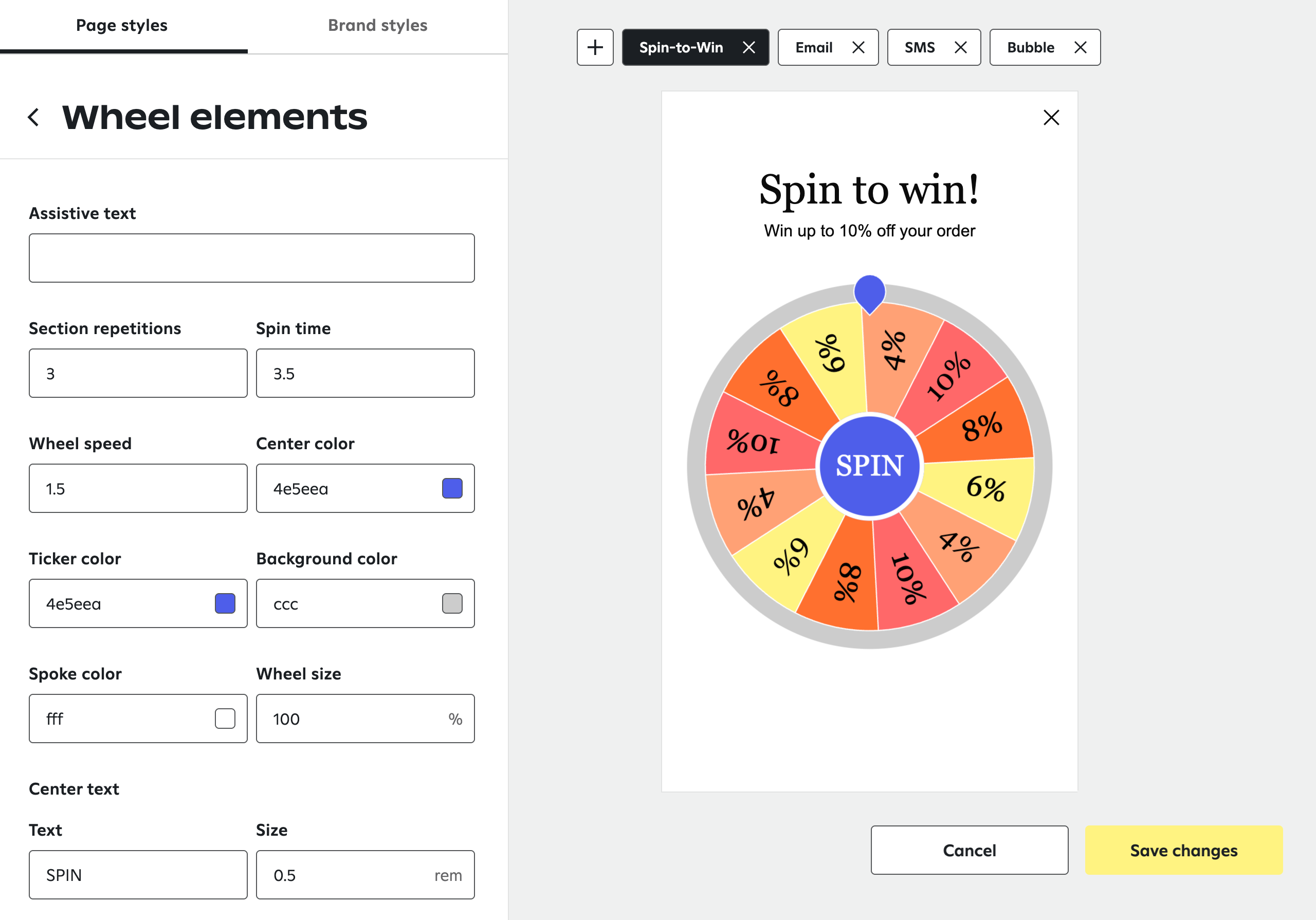 Customization interface for 'Wheel elements' of spin to win, showing editable fields for settings like section repetitions, spin time, speed, colors, and text on the left, alongside a live preview of the 'Spin to win!' wheel (offering up to 10% off) with 'Cancel' and 'Save changes' buttons on the right.