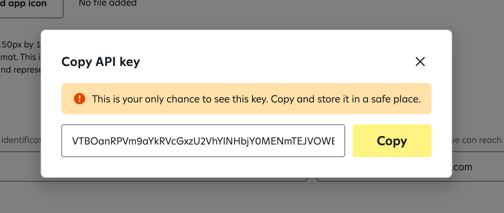 A popup window in Attentive showing a newly created private API key with a button to copy it.