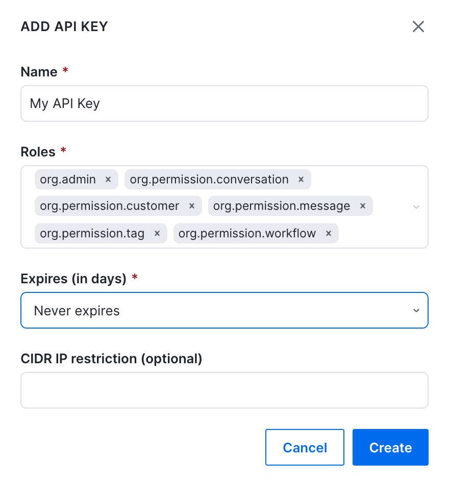 The 'ADD API KEY' window in Kustomer, with example roles selected and the 'Expires' field set to 'Never expires'.