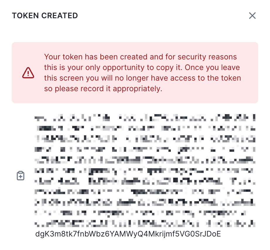 The 'TOKEN CREATED' confirmation window in Kustomer, displaying a new API token and a warning that it can only be copied once.