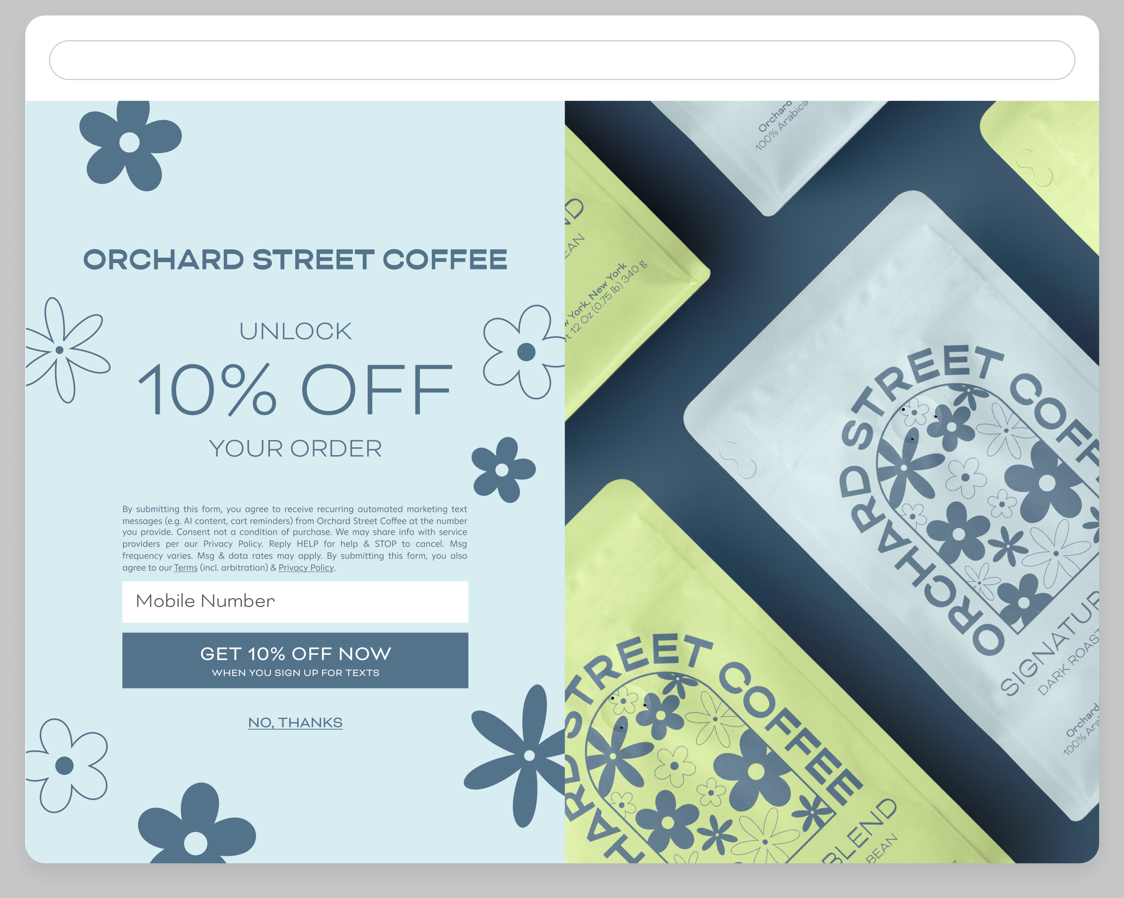 A sign-up form for Orchard Street Coffee offering a 10% discount in exchange for a mobile number to receive marketing texts.