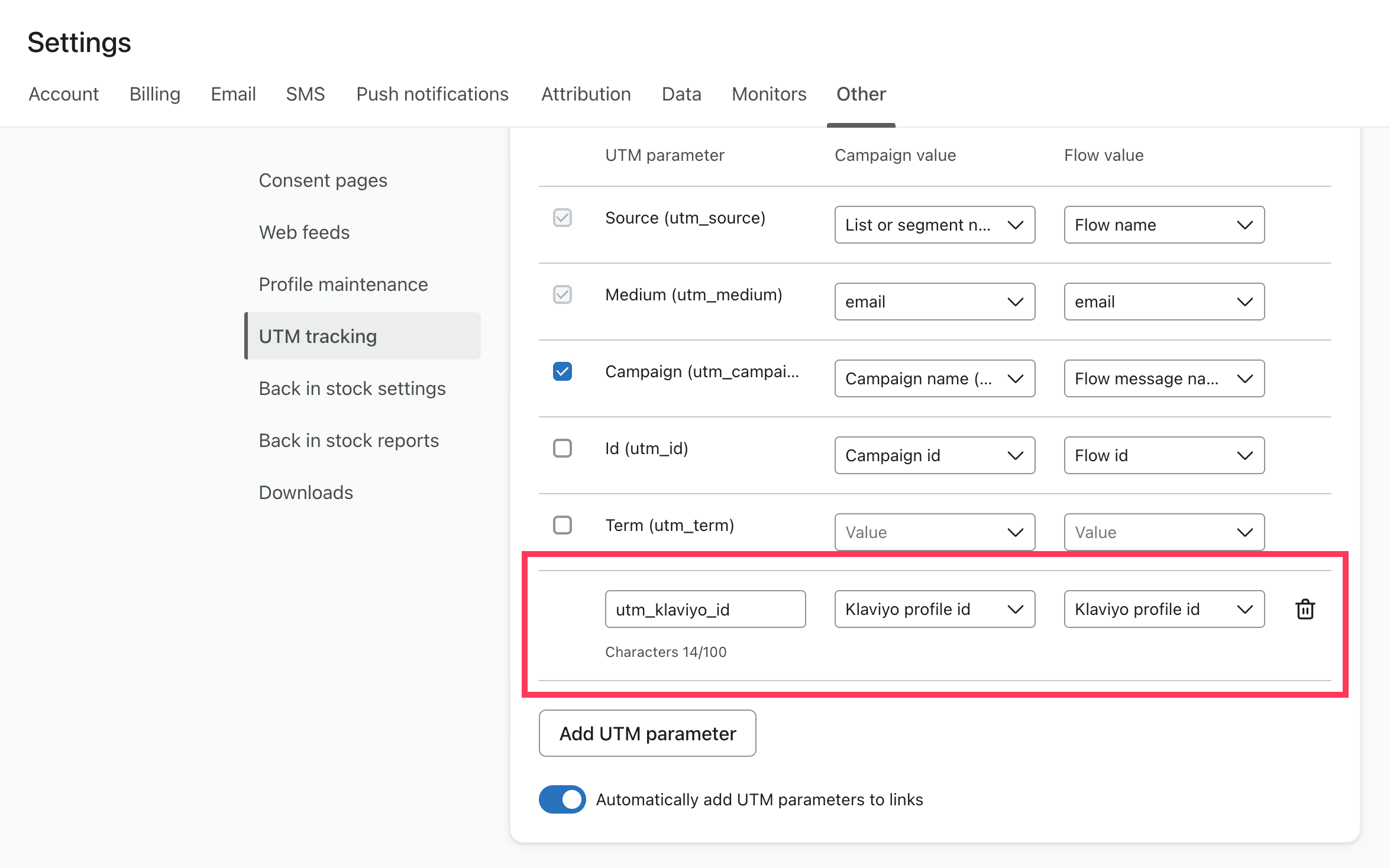 The UTM tracking settings page in Klaviyo, with a red box highlighting a custom utm_klaviyo_id parameter set to use the Klaviyo profile ID.