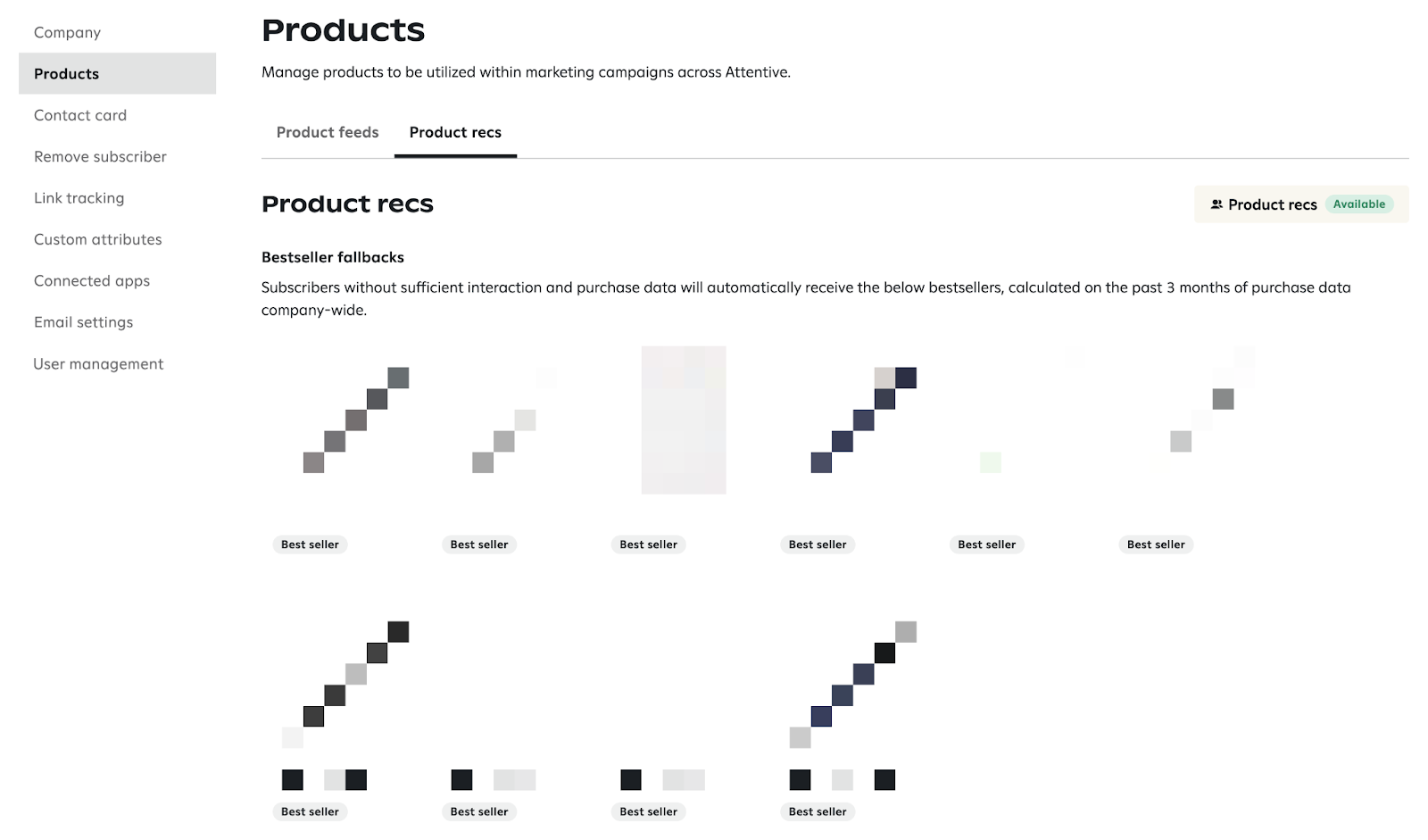 The Product recs tab on the Products page, displaying the "Product recs Available" status and the ten bestseller fallback products.