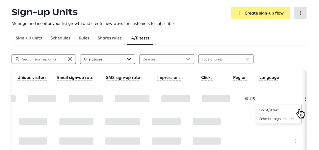 The 'End A/B test' option is selected from the context menu for a test on the 'A/B tests' dashboard.