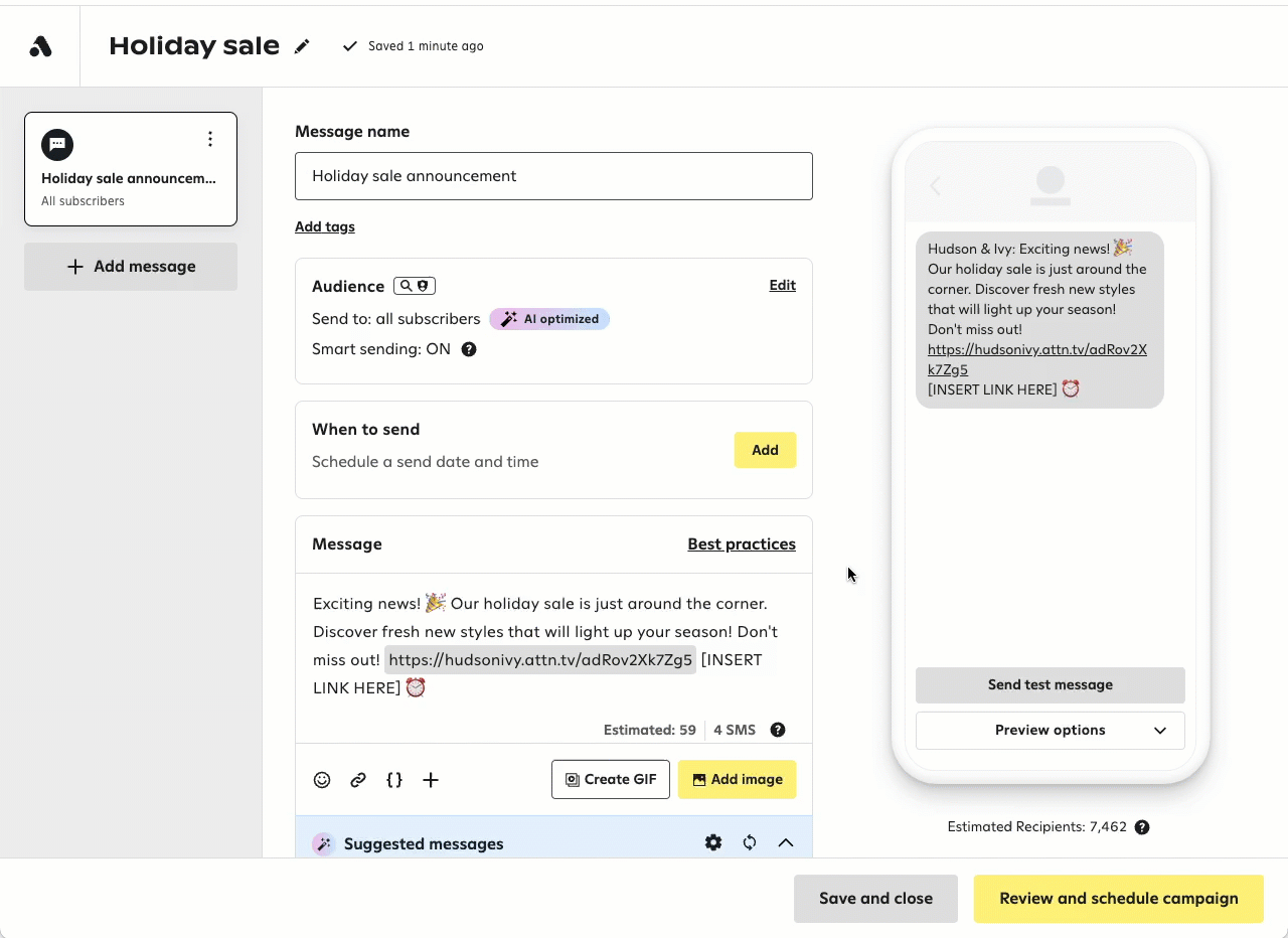 Animation showing a user clicking the ‘Edit’ button in the ‘Audience’ panel when creating a new campaign message, choosing an audience, toggling audience optimization off, then back on.