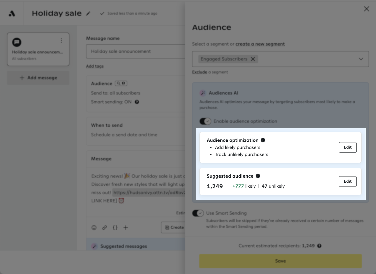 A highlighted 'Audience optimization' section showing selected options to 'Add likely purchasers' and 'Track unlikely purchasers' alongside a 'Suggested audience' of '1,249' including '+777 likely' and '47 unlikely, with ‘Edit’ buttons to change optimization settings and choose a different audience.