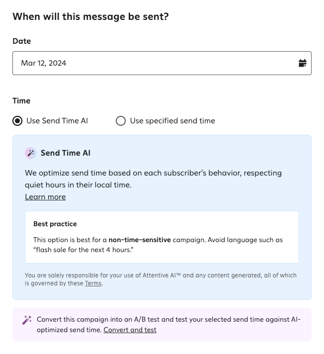 Scheduling a message in Attentive with the option to ‘Use Send Time AI’ selected.