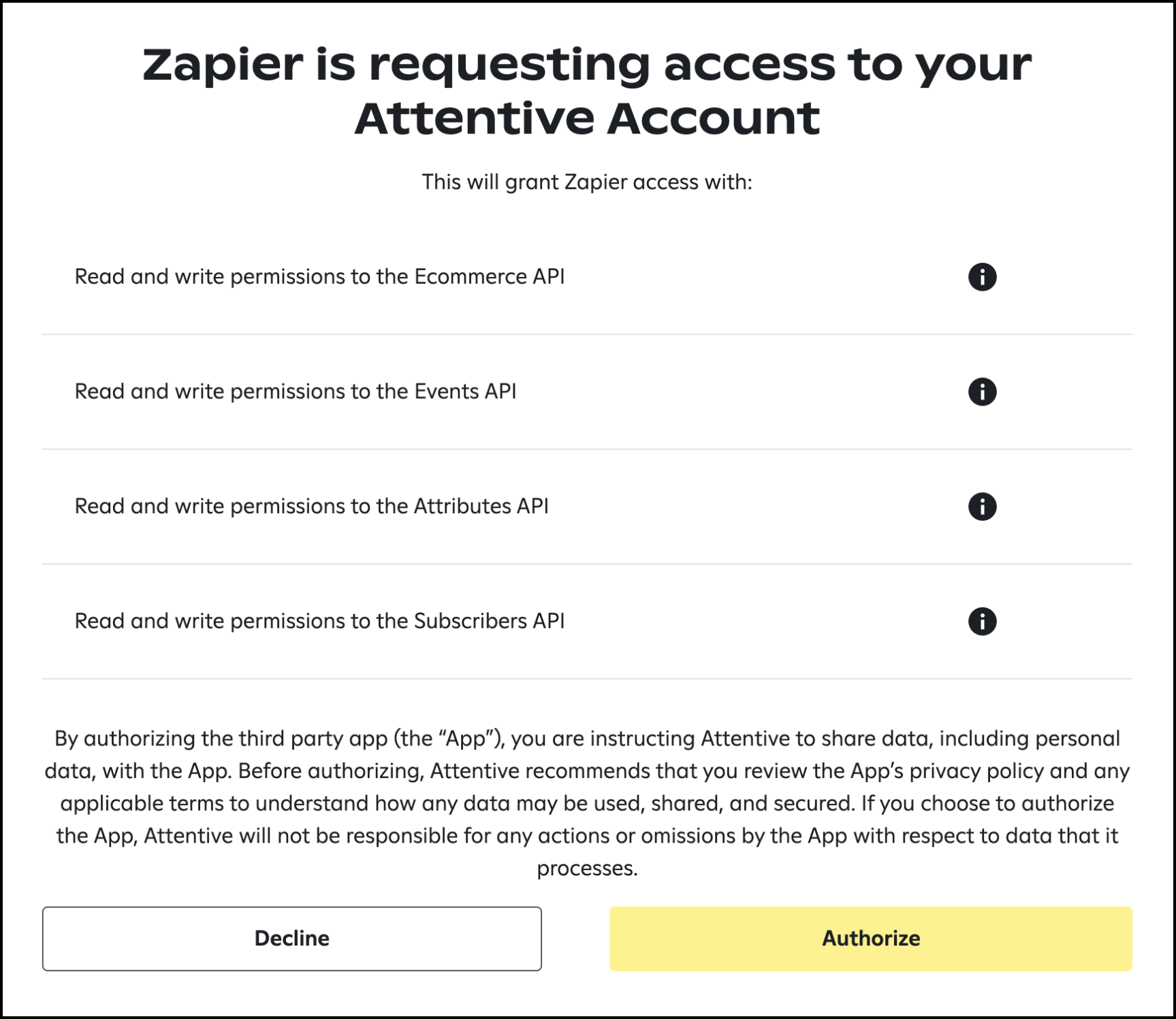 Zapier authorization screen. It shows that Zapier is requesting access to an Attentive Account, listing read and write permissions for Ecommerce, Events, Attributes, and Subscribers APIs. The 'Authorize' button is at the bottom.