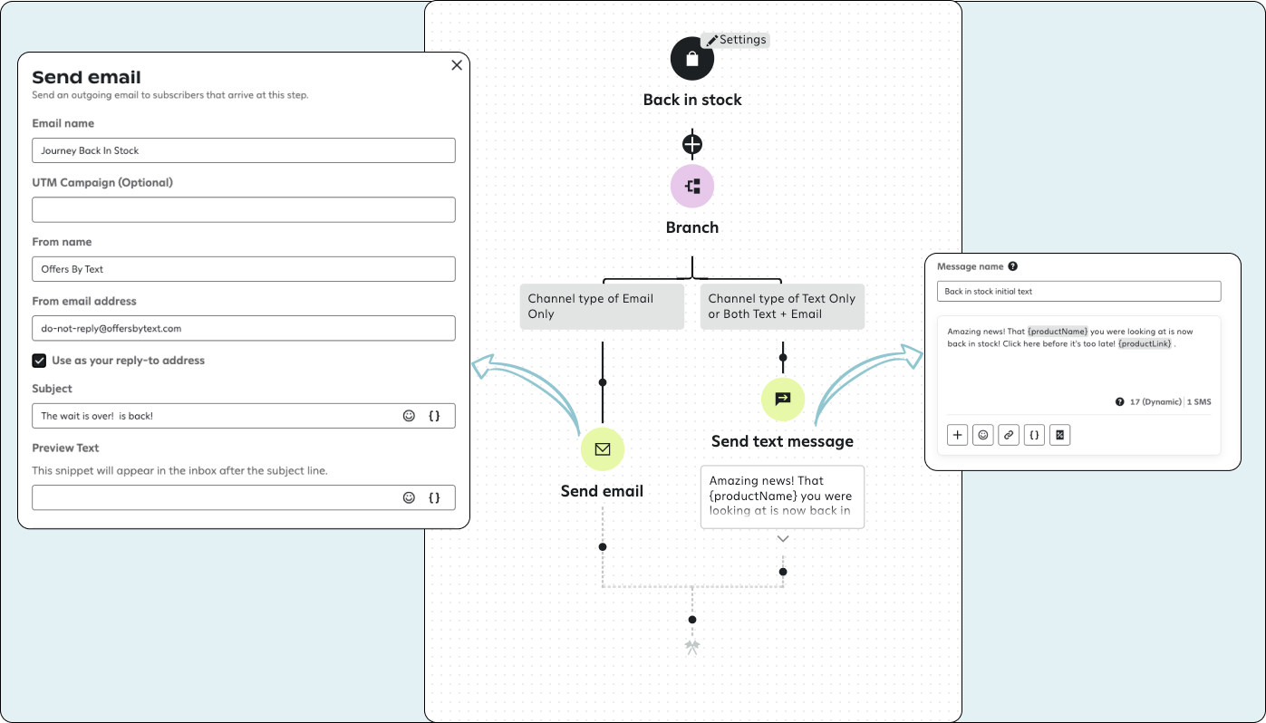 A back-in-stock journey with two branches: a branch with an email sent to email-only subscribers and a branch with a text message sent to email and text subscribers.
