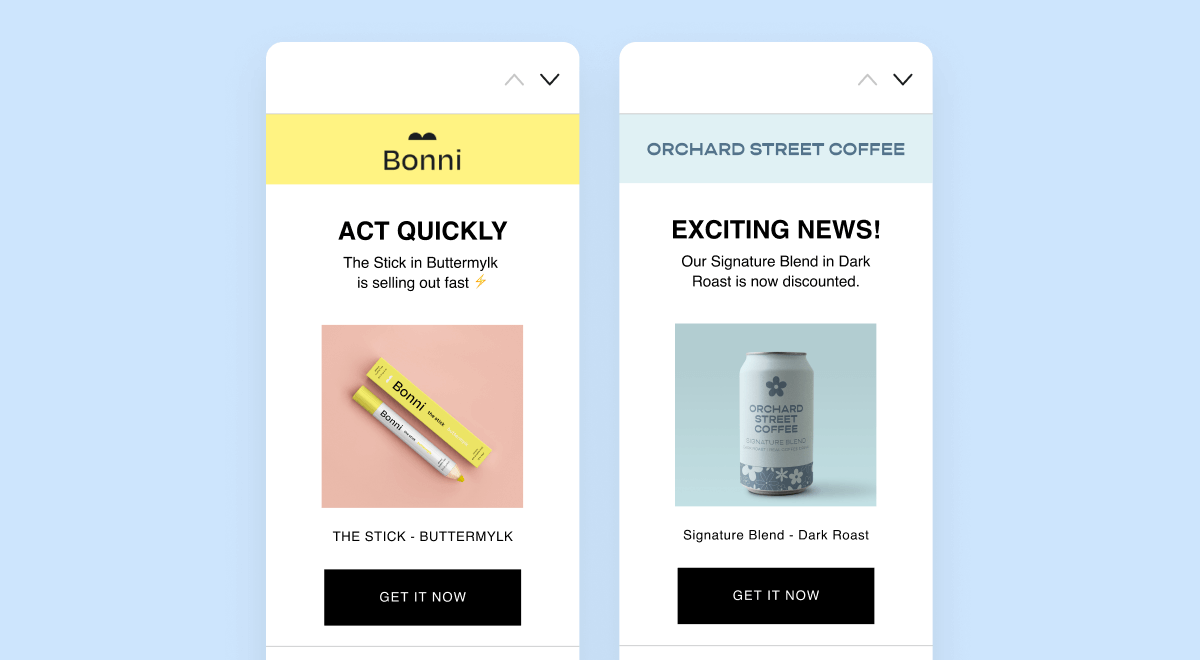Example price drop and low inventory emails as viewed on a mobile device.