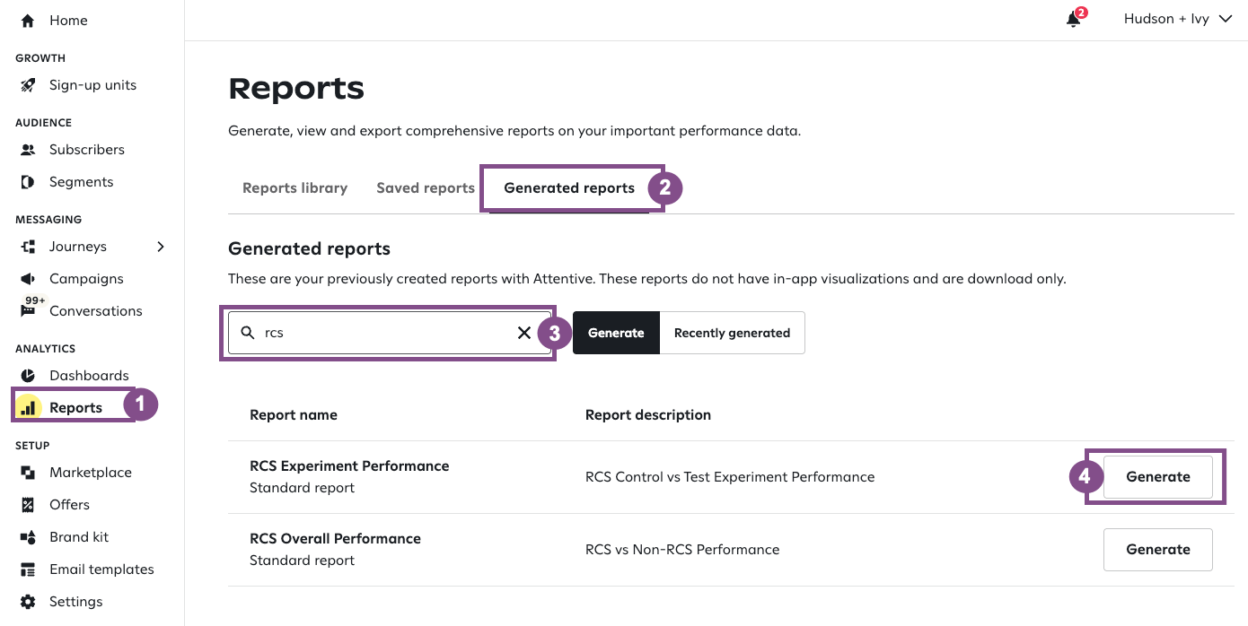 Reports UI with steps highlighted and numbered.