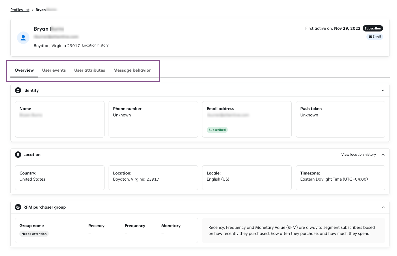 Image within the full profile view highlighting the menu items including overview, user events, user attributes, and message behavior