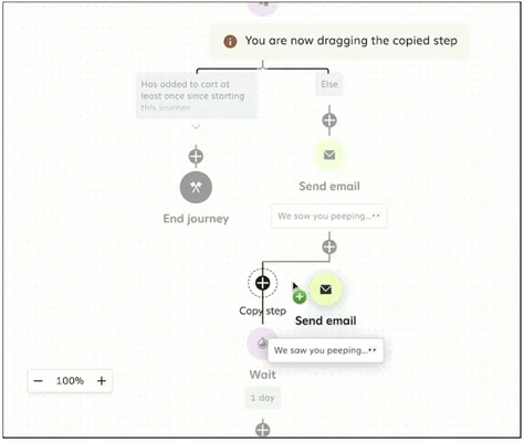Animation showing a user clicking and dragging a copied Send email step.
