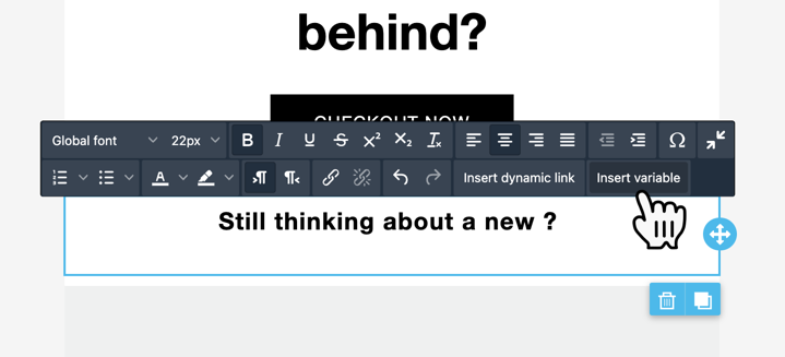 Clicking insert variable in email editor