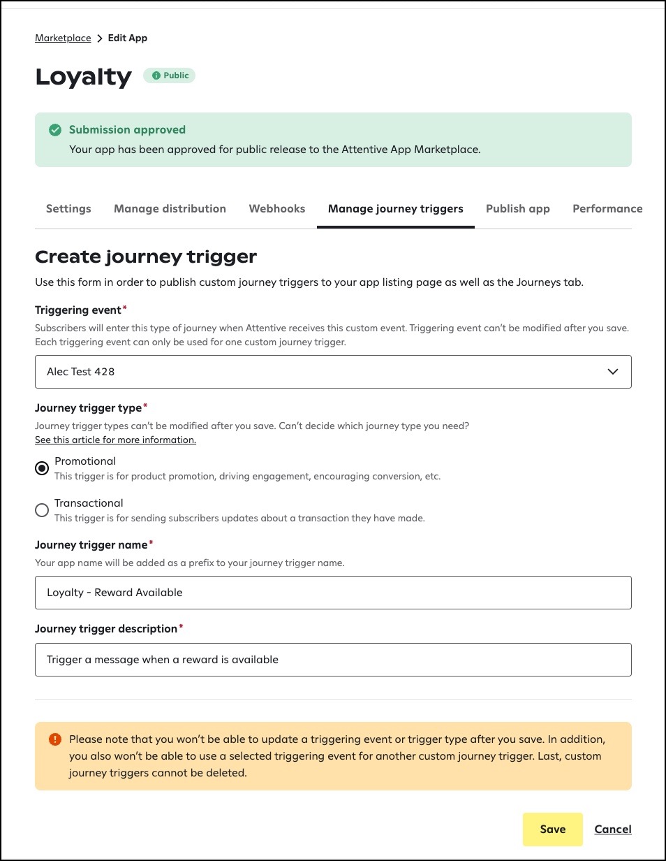 The Create Journey Trigger form