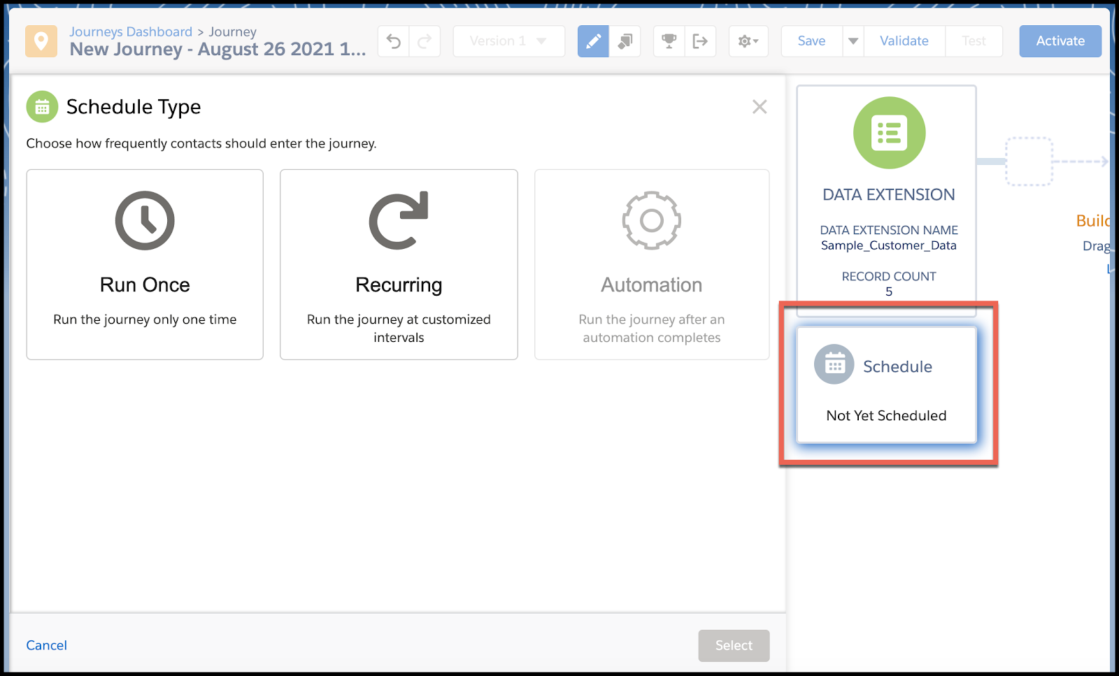 Selecting Run Once or Recurring.