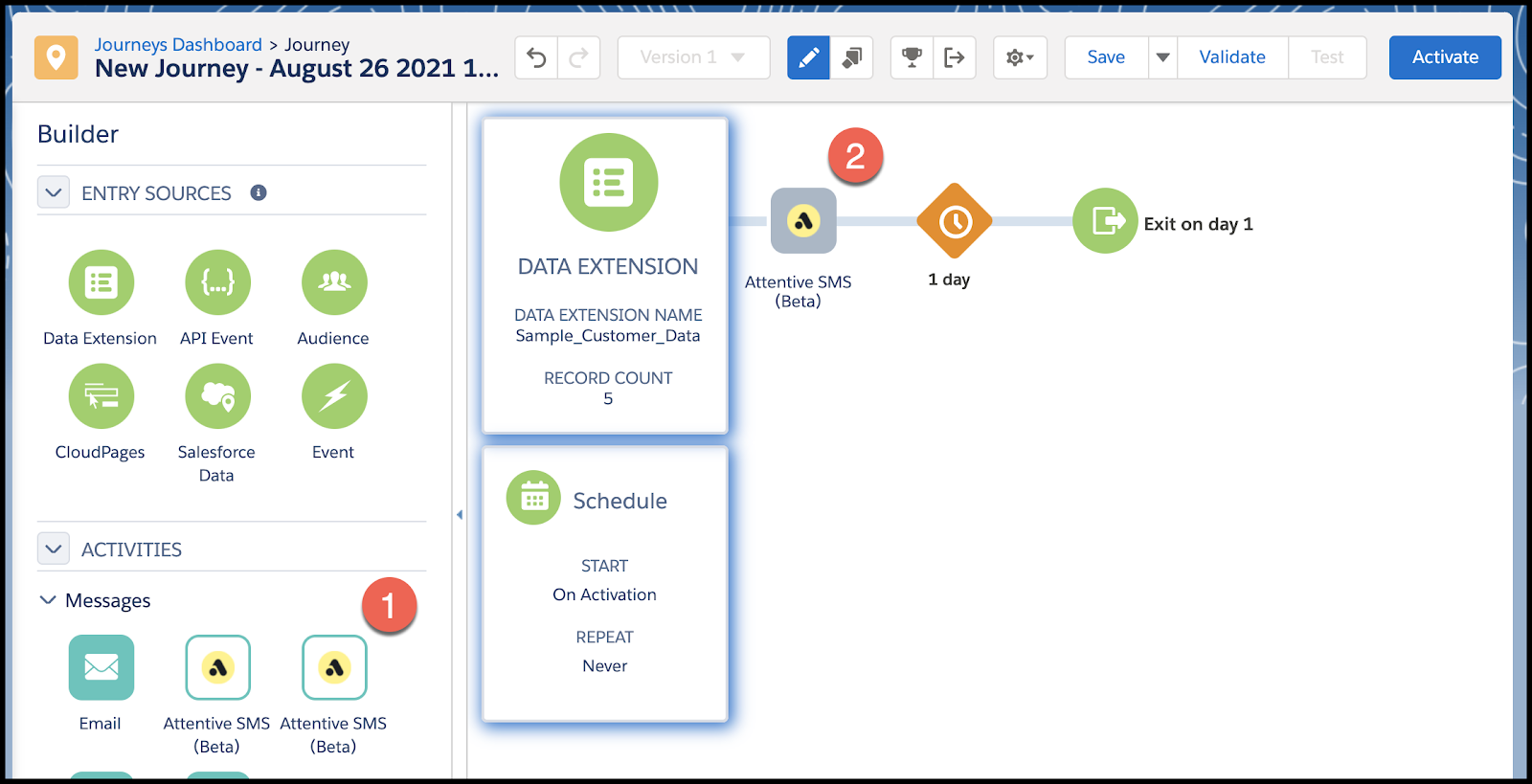 Clicking and dragging Attentive SMS (Beta) widget onto Journey Builder canvas