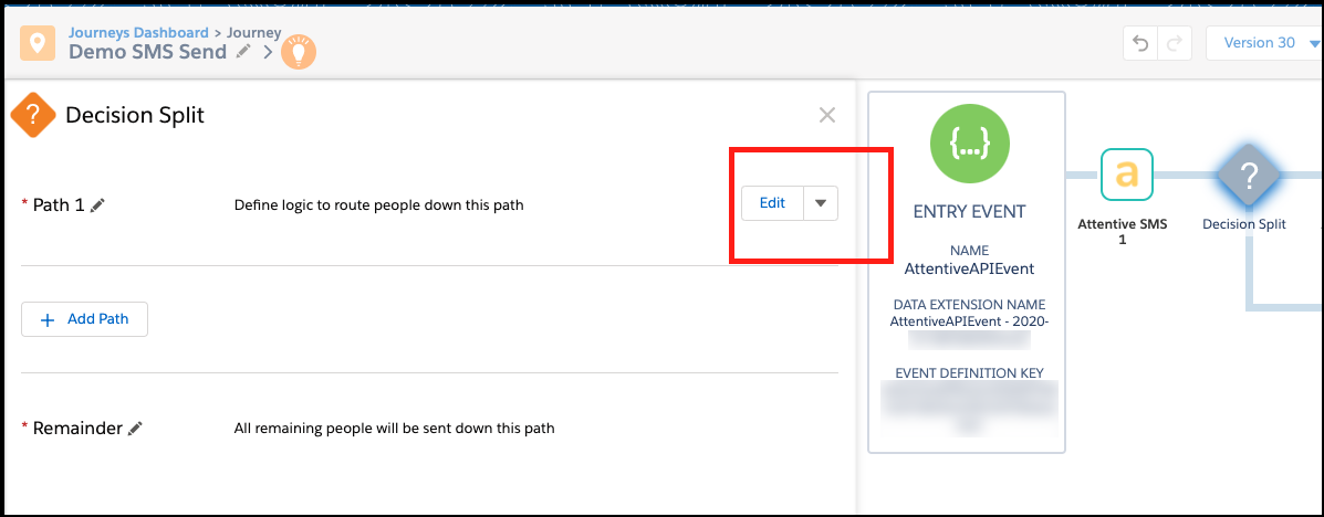 Clicking Edit to customize Decision Split.