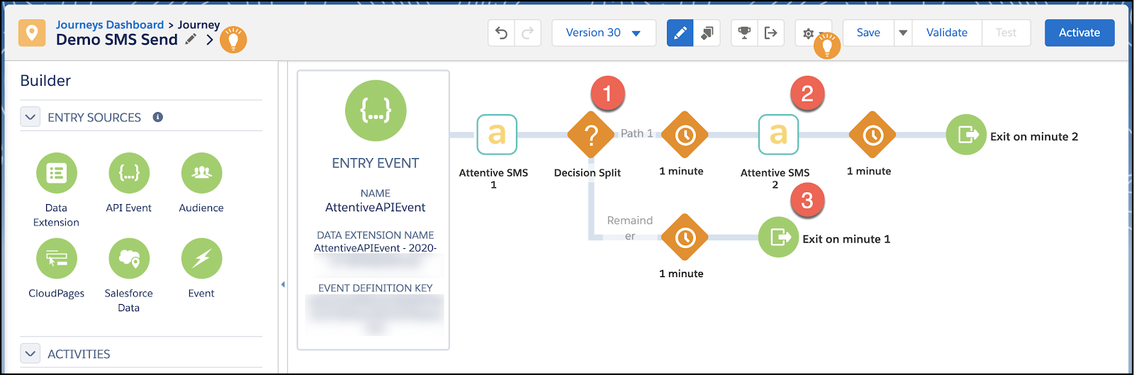 Decision Split that uses success status to decide whether a second SMS message is sent or communication ends.