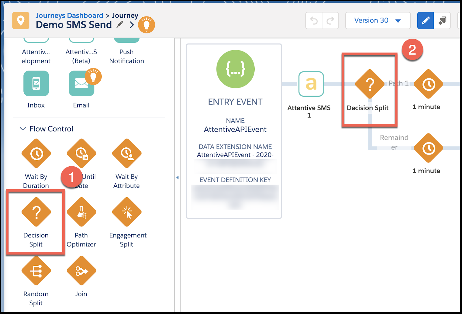 Clicking and Dragging the Decision Split widget onto the Journey Builder canvas.