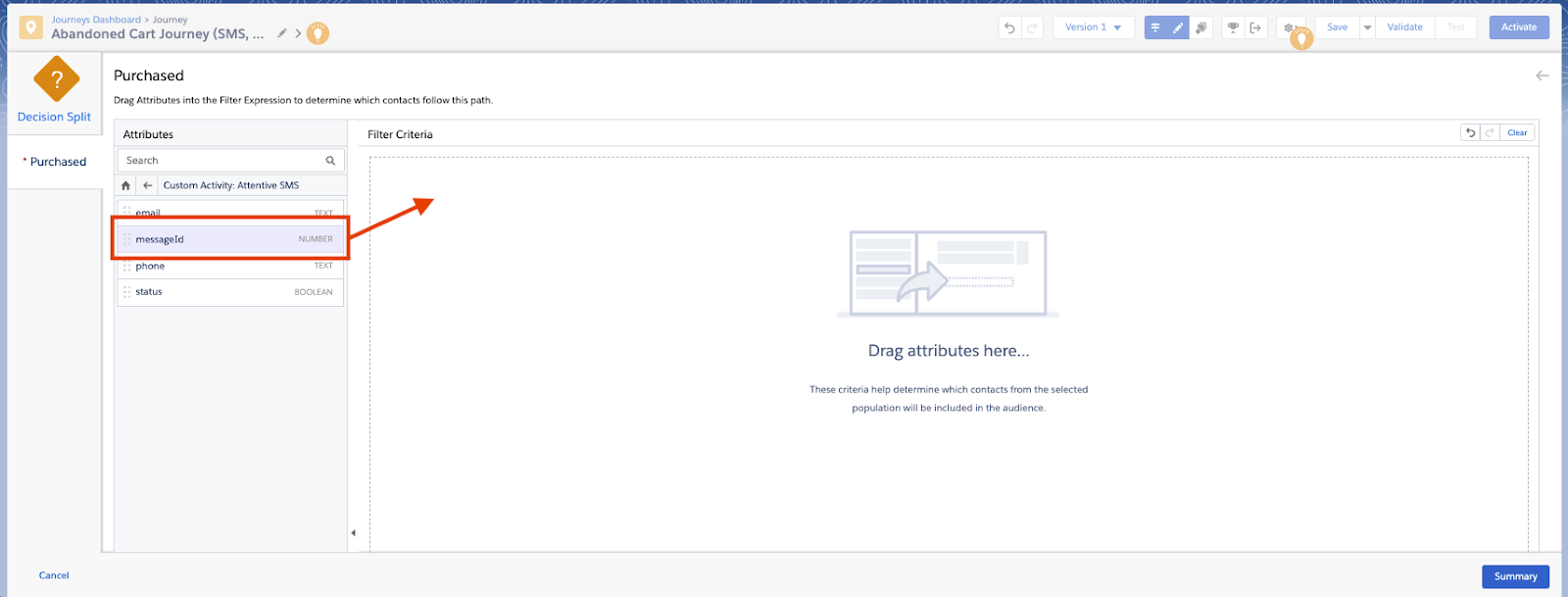 Clicking and dragging Message ID attribute onto Filter Criteria section.