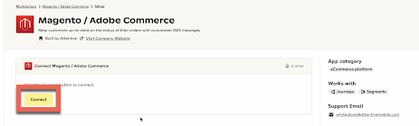 The Magento/Adobe Commerce connection page in the Attentive app marketplace with the 'Connect' button highlighted.