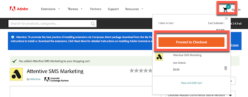 The shopping cart dropdown on the Adobe Commerce Marketplace with the 'Proceed to Checkout' button highlighted.