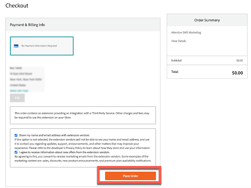 The checkout page on the Adobe Commerce Marketplace with the 'Place Order' button highlighted.