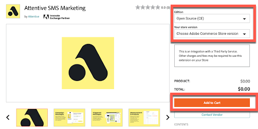 The 'Attentive SMS Marketing' extension page on the Adobe Commerce Marketplace with the 'Add to Cart' button highlighted.