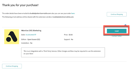 The purchase confirmation page on the Adobe Commerce Marketplace with the 'Install' button highlighted.