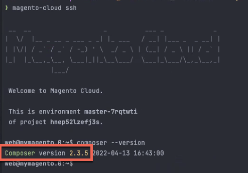 A command line interface showing the output of the 'composer --version' command, which is 'Composer version 2.3.5'.