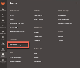 The 'System' page in the Magento admin panel with the 'Integrations' menu item highlighted.
