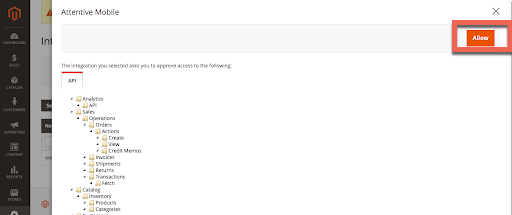 The integration permissions page in Magento with a list of APIs and the 'Allow' button highlighted.