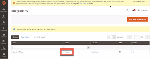 The 'Integrations' page in the Magento admin panel showing the 'Active' status for the Attentive Mobile integration.