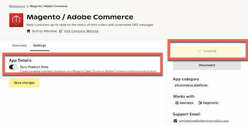 The Magento/Adobe Commerce integration settings page in Attentive with the 'Installed' status and the 'Sync Product Data' toggle highlighted.