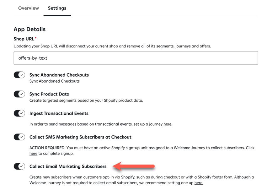 Turning on option to collect email marketing subscribers in Shopify integration settings.