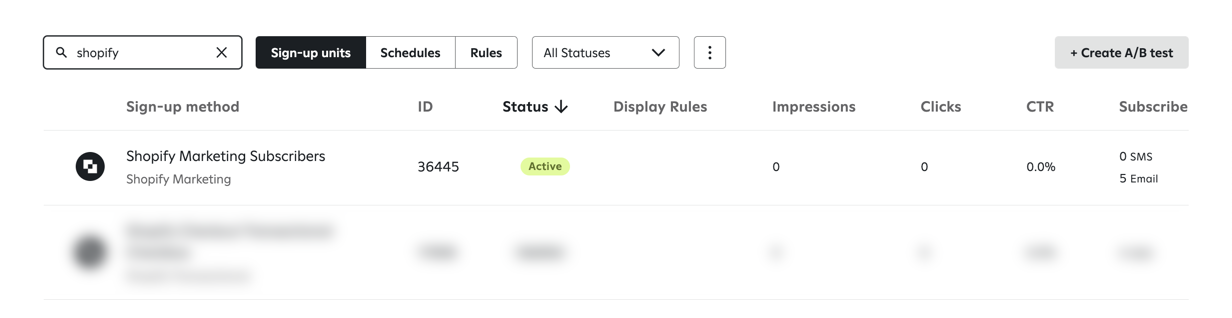 Shopify Marketing Subscribers sign-up unit on Sign-up units page.