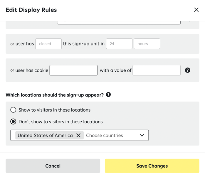 Configuring a sign-up unit to not display for users in the United States.