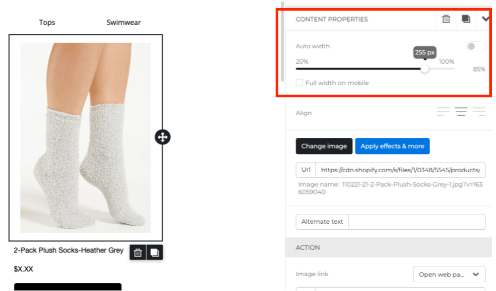 Adjusting the width of an image in the email builder using the Auto Width slider
