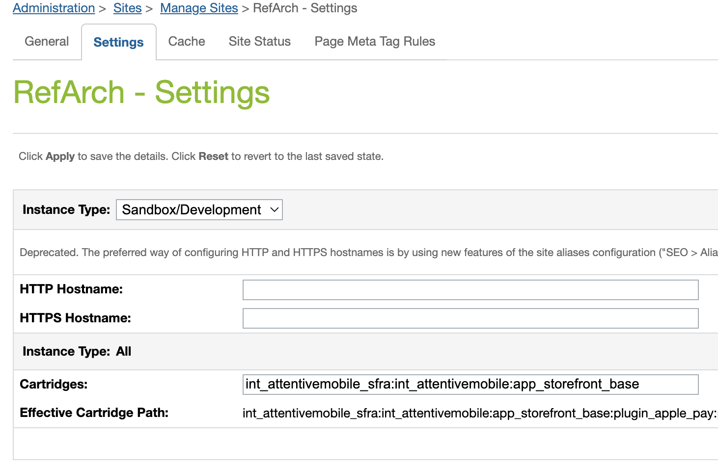 In SFCC, the Settings tab in Administration Sites Manage Sites with int attentivemobile sfra int attentivemobile app storefront base added to the Cartridges path.