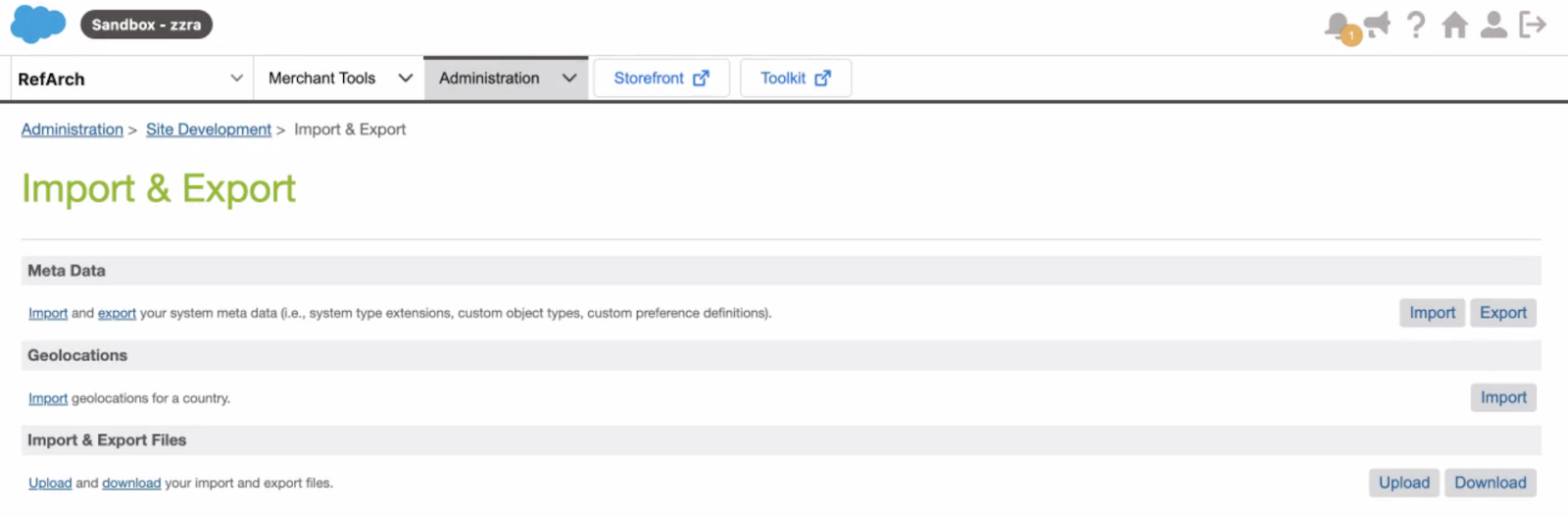 The Import and Export page under Administration Site Development in SFCC.

