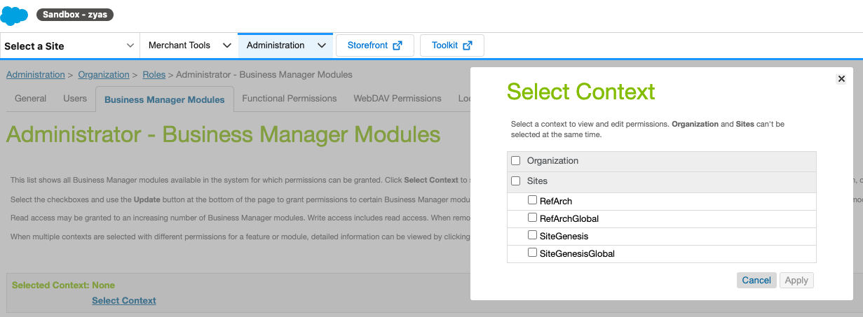 In SFCC, selecting and applying a new module in the Business Manager Module tab under Administration Organization Roles and Permission.
